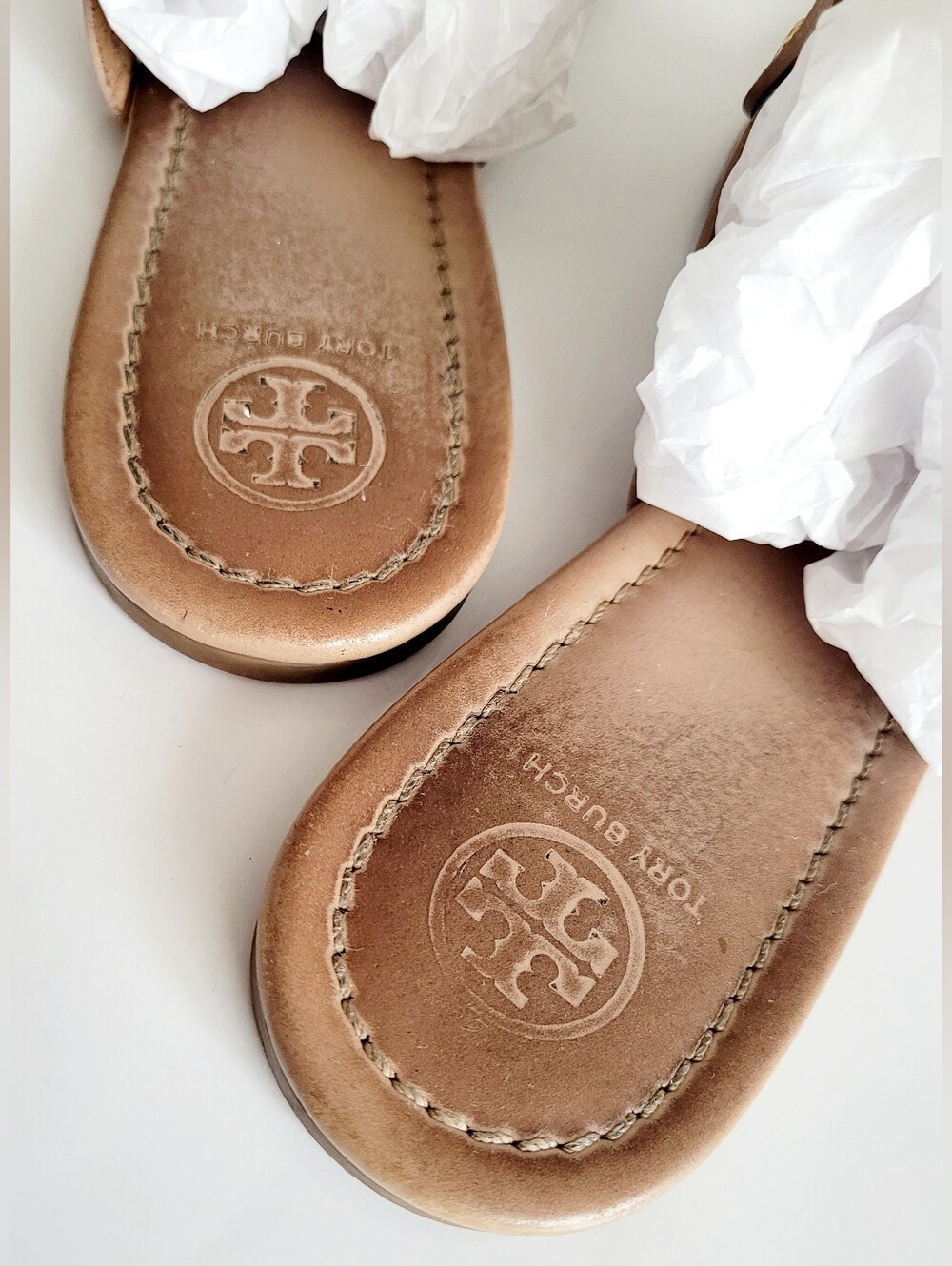 Tory Burch Miller Tan Calf Leather Logo Thong Sandals Almond Flour US 10 - Picture 13 of 16